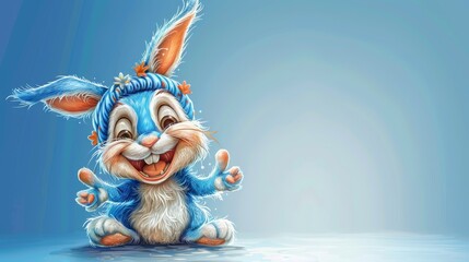   A cartoon rabbit sits on the ground with crossed legs and a turned head towards the side against a blue backdrop - obrazy, fototapety, plakaty