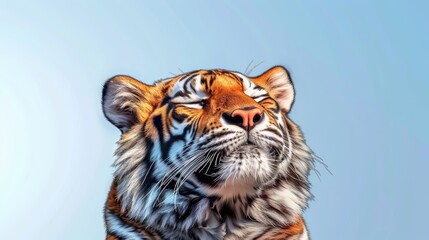   A tight shot of a tiger's face against a blue backdrop, overlaid with a softly blurred depiction of its head