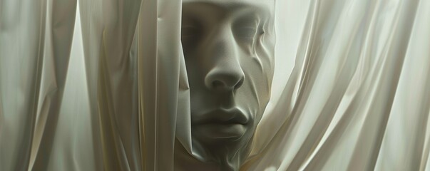 Mysterious digital art of a face half-concealed behind silky fabric folds creating a surreal effect