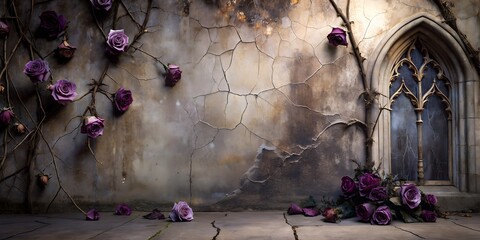 Grunge wall background with weathered flowers