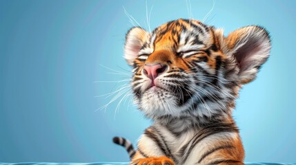   A tight shot of a baby tiger resting atop a blue backdrop, its mouth agape and eyes shut - obrazy, fototapety, plakaty