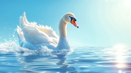   A tight shot of a swan on water's surface, sun casting long shadows behind, blue sky overhead - obrazy, fototapety, plakaty