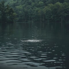 Tranquil surreal scene with raindrops defying gravity on the surface of a serene lake