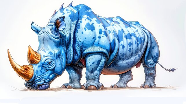   A rhino painted blue, yellow horn on its head