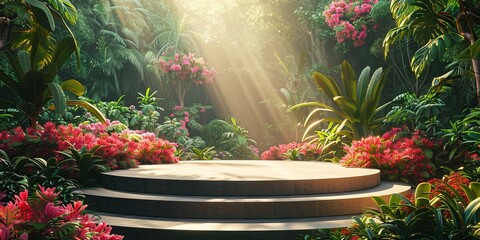 Luxury Podium in Botanical Garden, Variety of Green Plants and Blooming Flowers, Morning Light