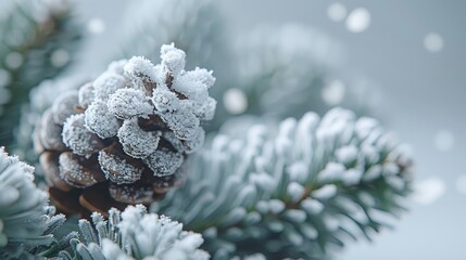   A pine cone atop a snow-laden branch, encased in flurries, with snowflakes amassing - obrazy, fototapety, plakaty