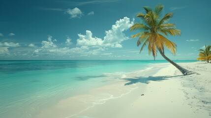Fototapeta na wymiar Palm tree atop sandy beach, beside body of water, with clouds in sky