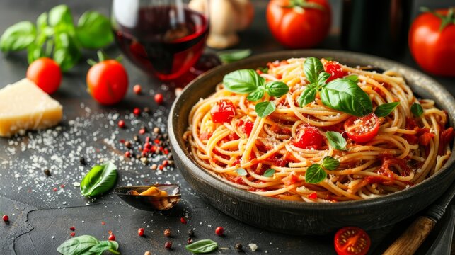   A bowl of spaghetti, topped with tomatoes, basil, and parmesan cheese Nearby, a glass of red wine waits