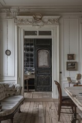 Cozy living room with couch, table, and clock