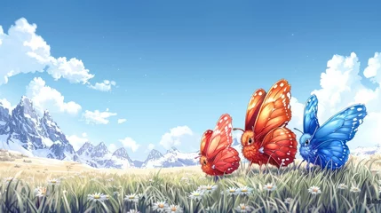 Foto op Canvas   Three butterflies gracefully fly above a field of grass and daisies, with mountains distinguishing the background © Jevjenijs