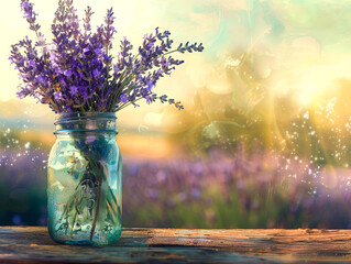 Serenity in Nature: Lavender Bouquet in Glass Jar at Sunset - 783919049