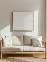Modern white couch and wooden frame in living room