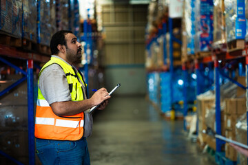 A man in a safety vest is looking at a clipboard in a warehouse. The warehouse is filled with boxes...