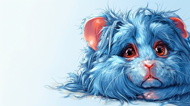   A blue furred animal with expressive, sad eyes on a tranquil, light blue background