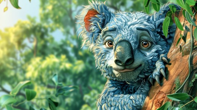  A tight shot of a koala painting perched on a tree branch, surrounded by vibrant green leaves, against a backdrop of a tranquil blue sky