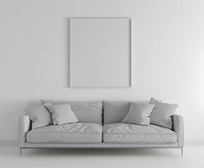 White living room with couch and picture frame