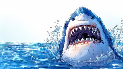   A great white shark drawing in water, mouth agape, teeth exposed