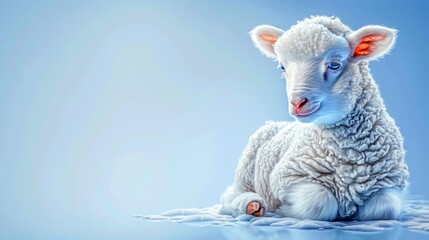  baby sheep on ground, head turned sideways, blue backdrop - obrazy, fototapety, plakaty