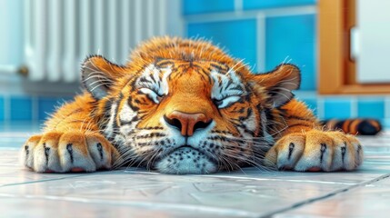   A tight shot of a tiger reclining on a tiled floor, its head near the edge, resting beside a radiator