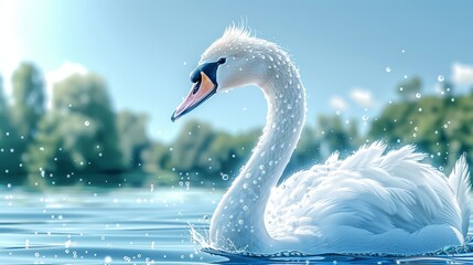   A pristine white swan glides atop a tranquil lake, bordering a dense, verdant forest The water around the swan is speckled with numerous white