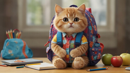 Back to school kitten  - obrazy, fototapety, plakaty