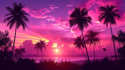 Fototapeta na wymiar palm trees in foreground, pink and purple sky