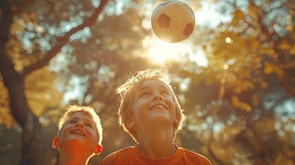   Two young boys, one beside the other, both holding a soccer ball atop their heads, stand before a tree