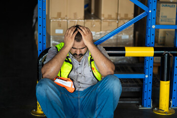A man in a safety vest is sitting on the ground, looking down and shaking his head. He is in...