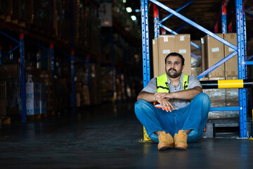 A man in a safety vest sits on the floor in a warehouse. He looks tired and defeated