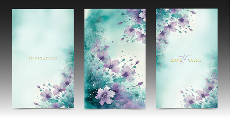 Watercolor cover collection. Floral pattern, abstract design, purple and turquoise colors. Elegant template for wedding, card, anniversary and special greeting.