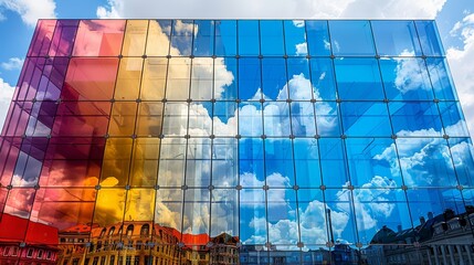   A multicolored building mirrors the sky and clouds in its glass-front window, along with a reversed image of the structure across the street