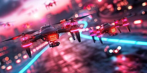 Multiple Drones Competing in a Neon-Lit Drone Racing Championship, Dusk Sky