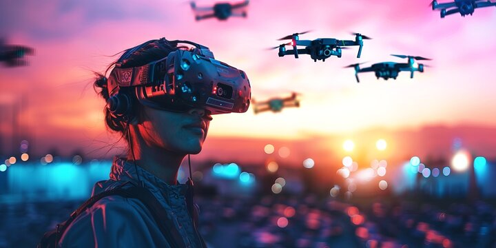 Drone Racing Pilot in VR Goggles with Drones Flying in Twilight Ambiance
