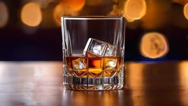 Glass of whiskey with ice stand on wooden table over bokeh backdrop. Glass of whiskey with ice closeup slow motion