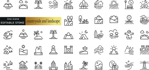 Line icons about countryside and landscape. Thin line icon set. Symbol collection in transparent background. Editable vector stroke