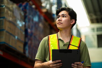 A man wearing a safety vest is holding a clipboard and looking up at a stack of boxes. The scene suggests that he is a warehouse worker or a supervisor