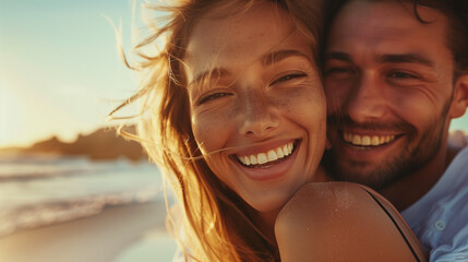 Happy young couple enjoying summer vacation on tropical beach, hugging together and smiling at camera in sunny day, close up portrait - Powered by Adobe
