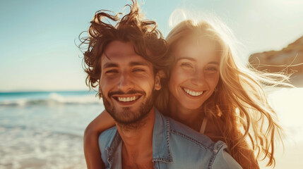 handsome young man hugging his girlfriend and piggyback on tropical beach at sunny day, enjoying summer vacation together