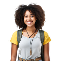 Black American female student smiling happily on PNG transparent background