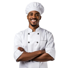 Black American male chef smiling happily on PNG transparent background