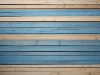It has a top view of the sandy beach and marine blue planks pier. Background with copy space and visible sand and wood texture