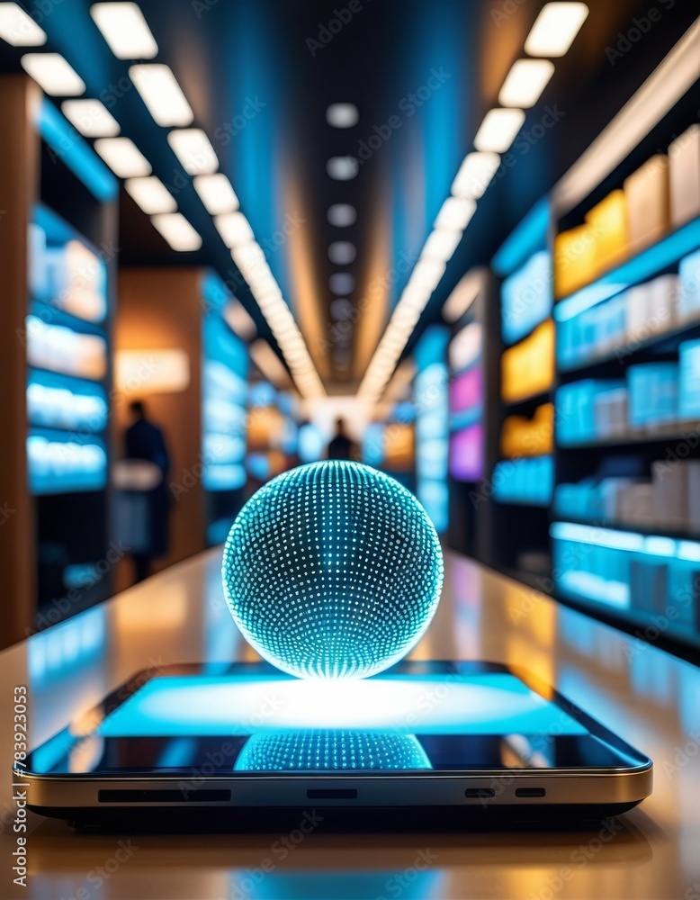 Poster a futuristic holographic globe floats above a smartphone screen in a modern store, symbolizing advan