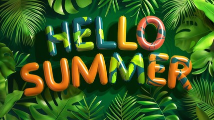Bold HELLO SUMMER emerges in contrast with the lush green backdrop, celebrating the full swing of summer in a tropical paradise.