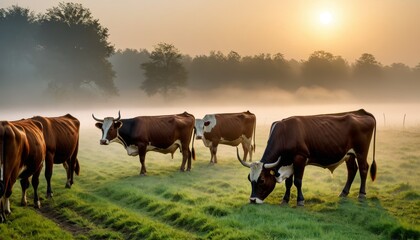 Early morning mist envelopes a herd of cattle in a tranquil pasture, with the rising sun casting a warm glow on the dewy landscape.. AI Generation - obrazy, fototapety, plakaty