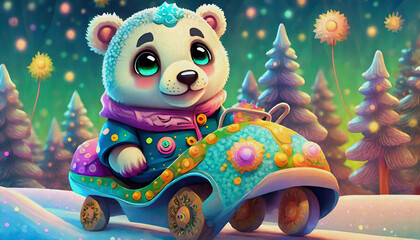 OIL PAINTED STYLE CARTOON CHARACTER Multicolored a baby cute polar bear rides a snowmobile