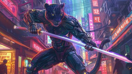 A fierce tiger adorned in a superhero costume, wielding a gleaming sword, against a vibrant neon background.