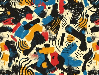 Abstract painting in black, yellow, red, and blue colors