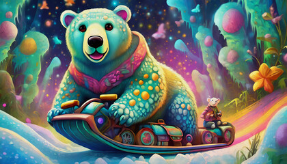 OIL PAINTING STYLE CARTOON CHARACTER Multicolored a polar bear rides a snowmobile