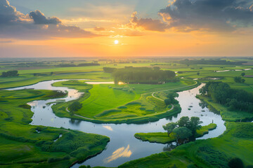 Sunset Serenity: A Dusk-tinted Stroll through a Dutch National Park - obrazy, fototapety, plakaty