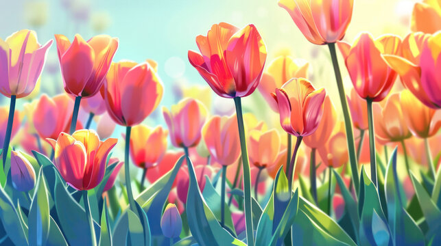 A field of tulips painted in pastel shades stands tall, bathed in the soft, ethereal light of a gentle spring morning.